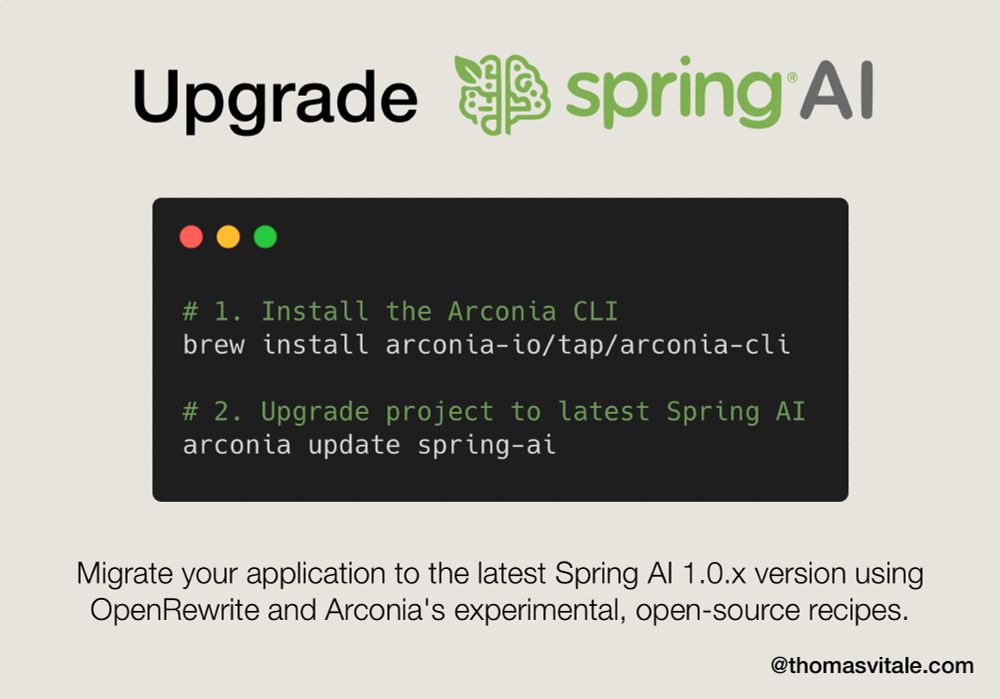 Upgrade Spring AI

# 1. Install the Arconia CLI
brew install arconia-io/tap/arconia-cli

# 2. Upgrade project to latest Spring AI
arconia update spring-ai

Migrate your application to the latest Spring AI 1.0.x version using OpenRewrite and Arconia's experimental, open-source recipes.