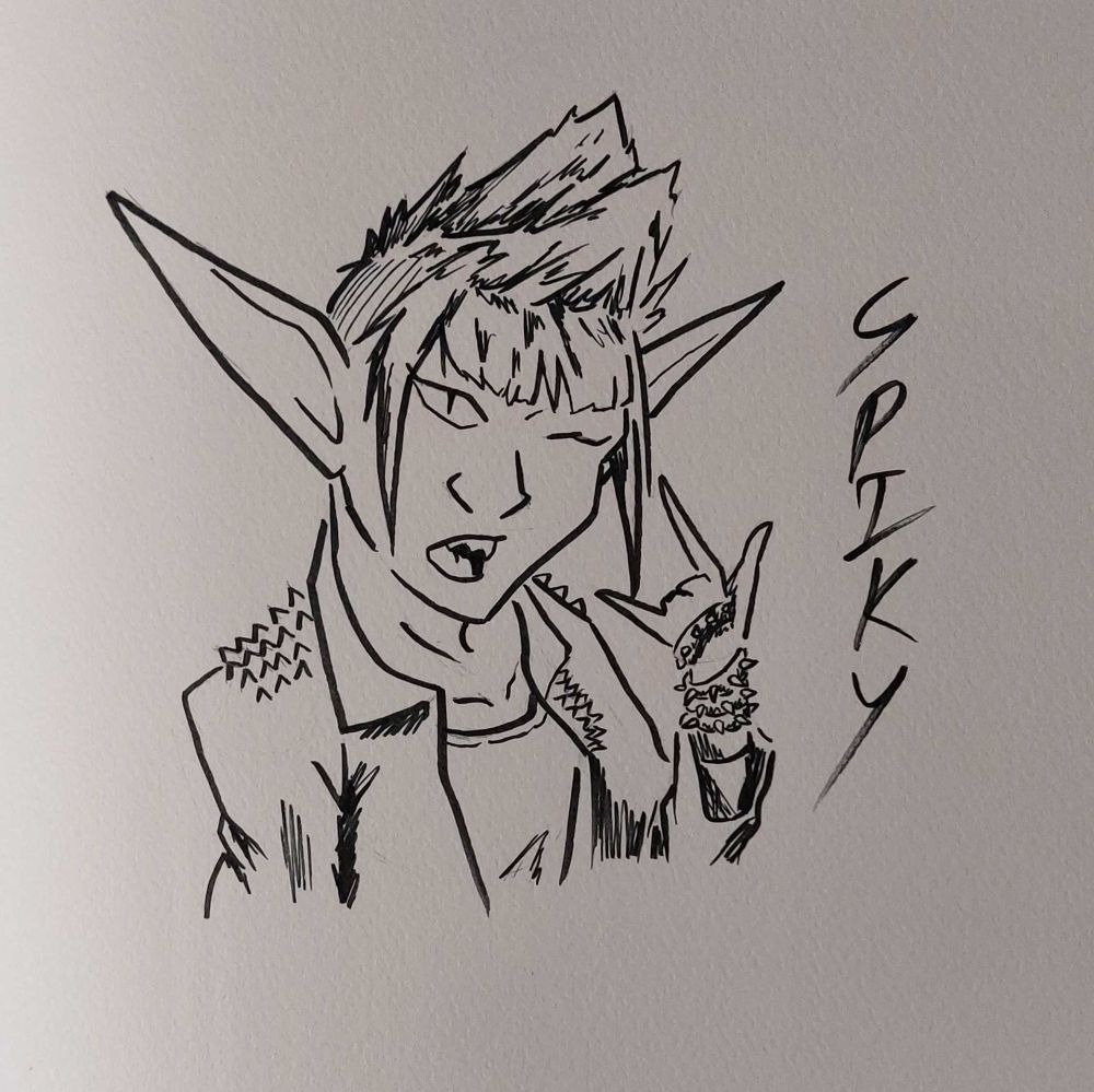 Gobtober drawing for the prompt "spiky".
A punk rock goblin with spiky ears, a spiky hairdo, spiked jacked and spiked armbands throwing up the horns.