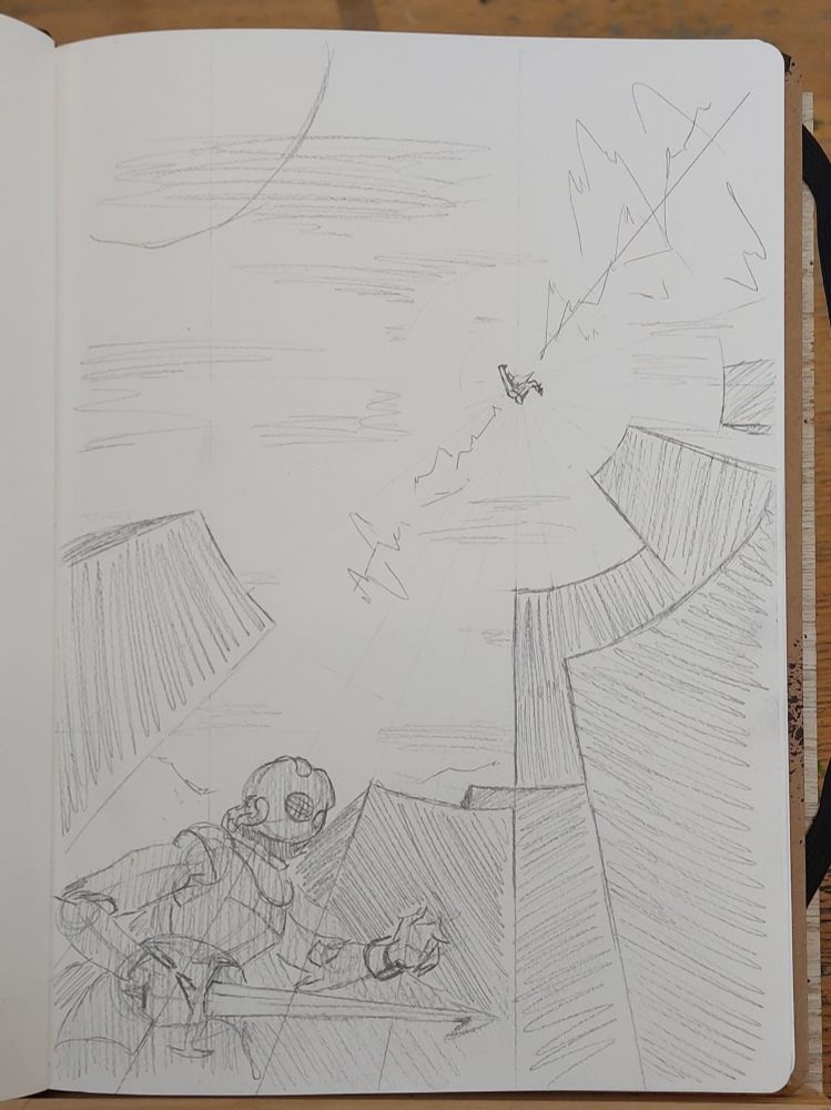 We look up at the sky from below. A knight Lady is standing in the foreground looking up at the sky as well. Buildings are rising towards the clouds. Everything is pointing towards a figure in the sky, falling towards us, leg raised for a heel kick.