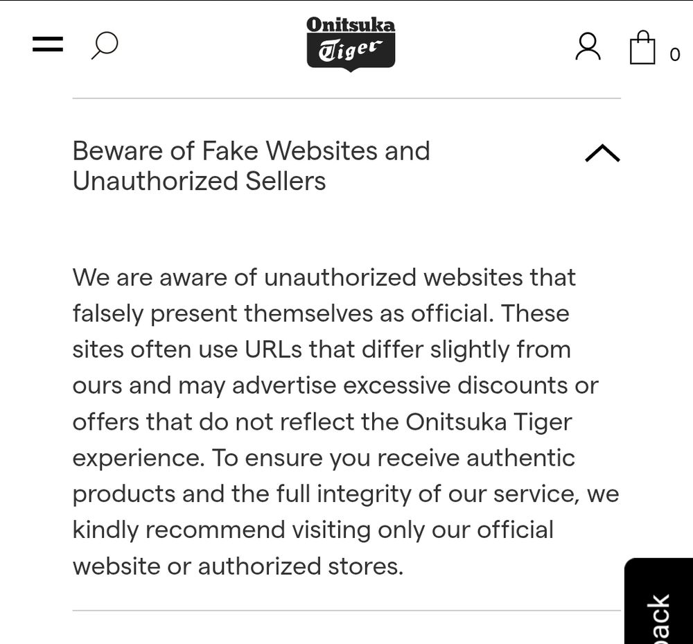 Screen cap of onitsuka faq page "beware of fake websites and unauthorized sellers"