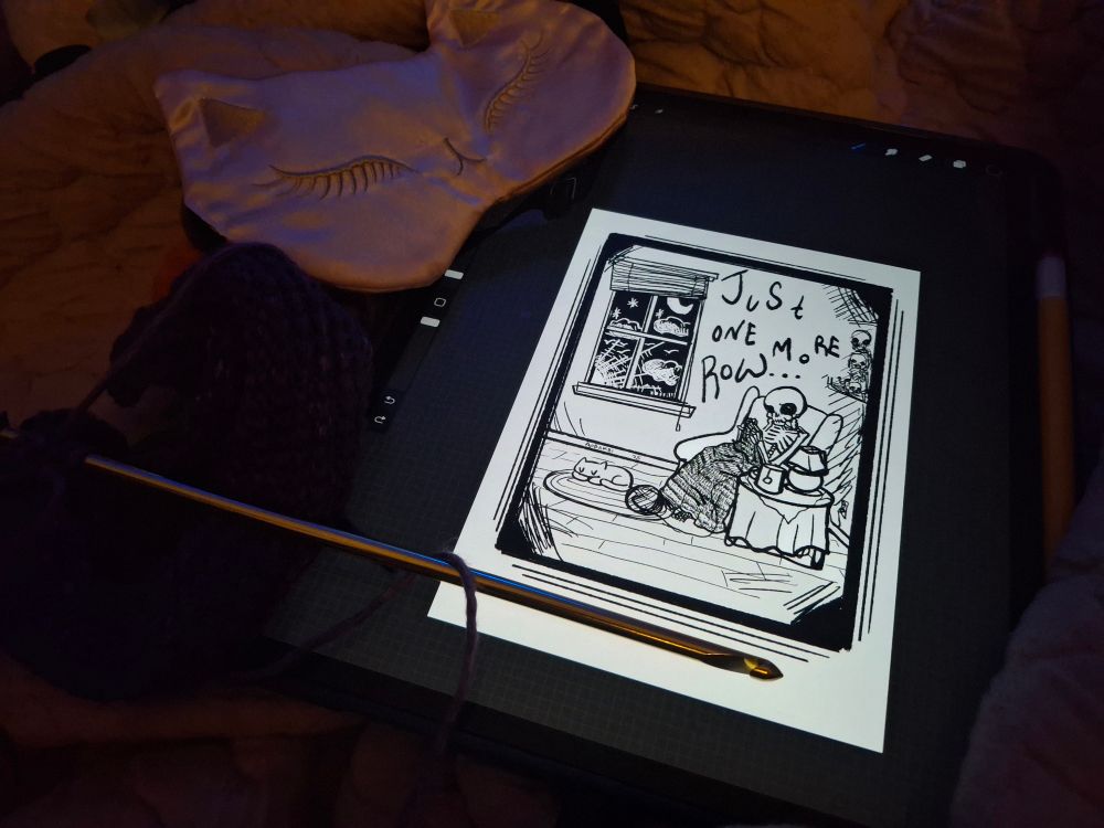 Picture of a skeleton crocheting in an armchair while the sun rises in a nearby window