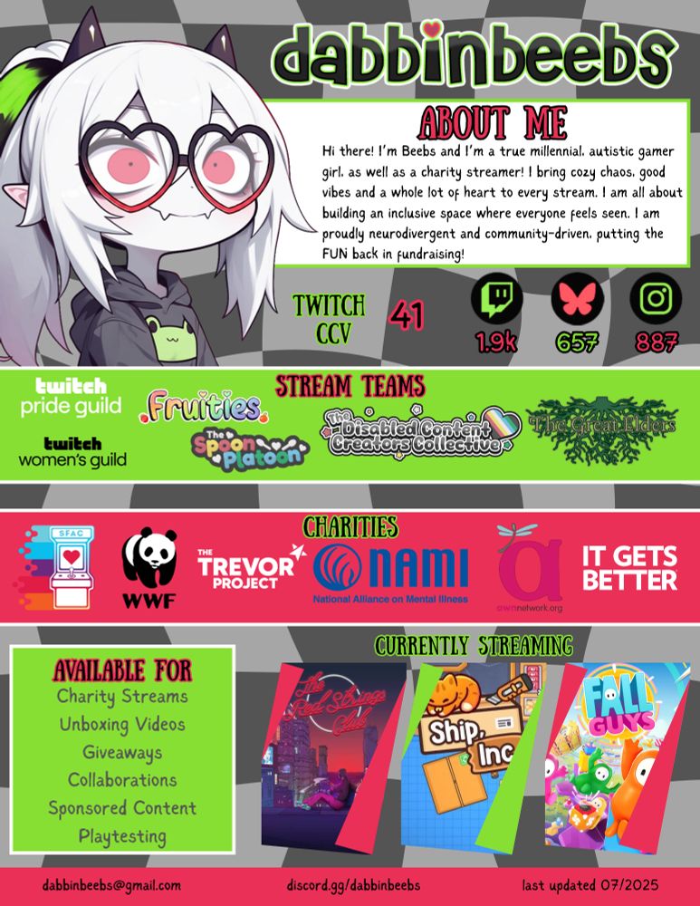 An image showing DabbinBeebs (she/her)'s social media and stream stats. She has 1.9k Twitch followers and a CCV of 41. She has 657 Bluesky followers, and 887 Instagram followers.

She is autistic and 2SLGBTQIA+. She streams Tue and Thu evenings. She is open to charity streams, unboxing videos, giveaways, collaborations, sponsored content and playtesting. 

Her business email is dabbinbeebs@gmail.com

She's a true millennial, autistic gamer girl who is building an inclusive space where everyone feels seen. She brings cozy chaos to every stream. She is a member of the Twitch Women's & Twitch Pride Guilds, and many stream teams!