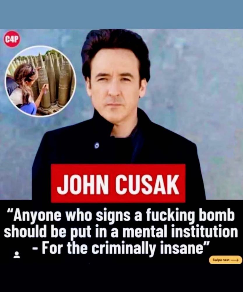 The picture shows a picture of John Cusak with a bubble of a picture to the side of a celebrity signing an autograph on a bomb.

There is text below John's picture that says "Anyone who signs a fucking bomb should be put in a mental institution - For the criminally insane"