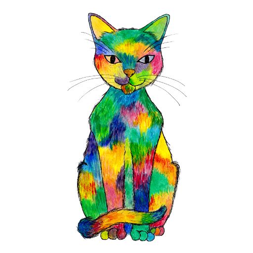 A rainbow cat painting. The cat is sitting and facing the viewer with his tail wrapped around his feet. He looks happy. The art is black ink outlines with acrylic painted fur in patches of rainbow colour. Like a tortie only more rainbow.