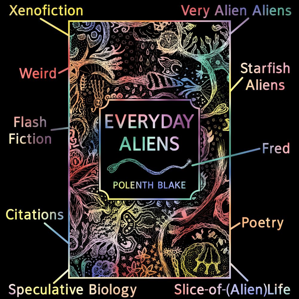 The cover of EVERYDAY ALIENS by Polenth Blake is on a black background. The cover has a complex doodle of alien life in rainbow colours on black, drawn by the author. The title and author are in a black box in the centre, with an alien worm separating the two. Captions surround the cover in the same rainbow font.

Captions pointing at the book cover read: Xenofiction, Weird, Flash Fiction, Citations, Speculative Biology, Slice-of-(Alien)Life, Poetry, Starfish Aliens and Very Alien Aliens.

A caption points across the cover to the worm which reads: Fred.