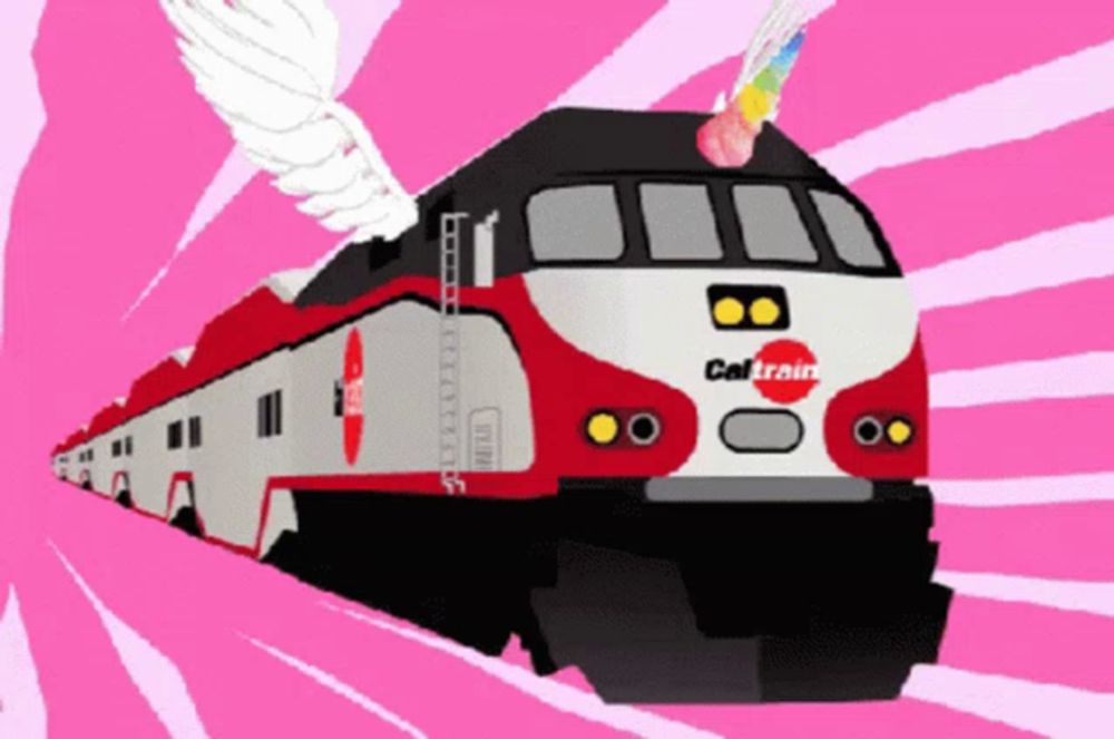 a cartoon drawing of a red and white caltrain train