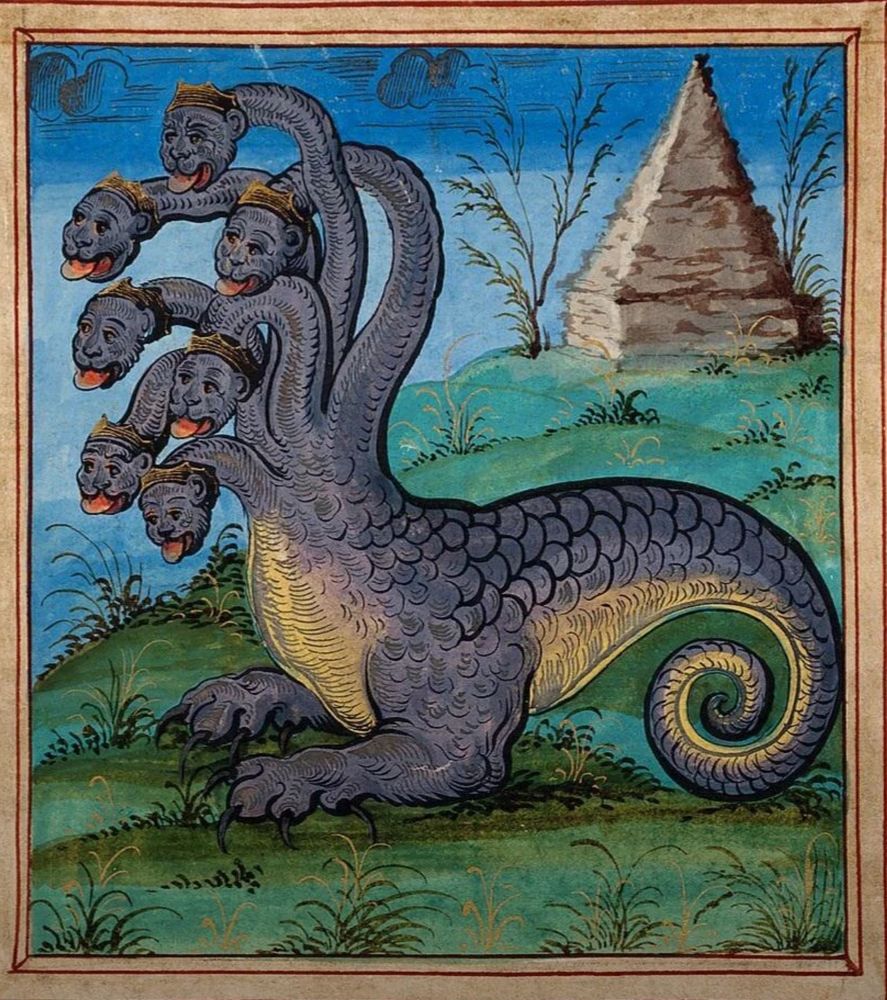 A medieval illustration of a blue hydra-like figure, with a serpentine backside and lion-like paws. Each of the seven heads has a crown and they all look like Bert Lahr.