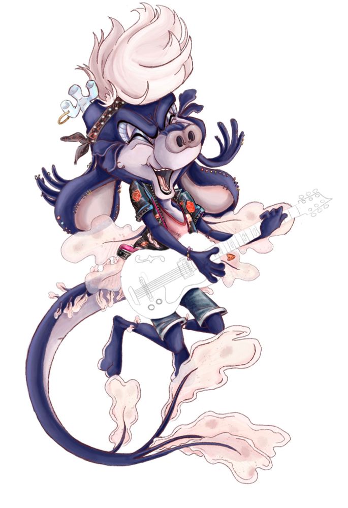 Loewy Afterlight the leafy seadragon, leaping into the air with a guitar 