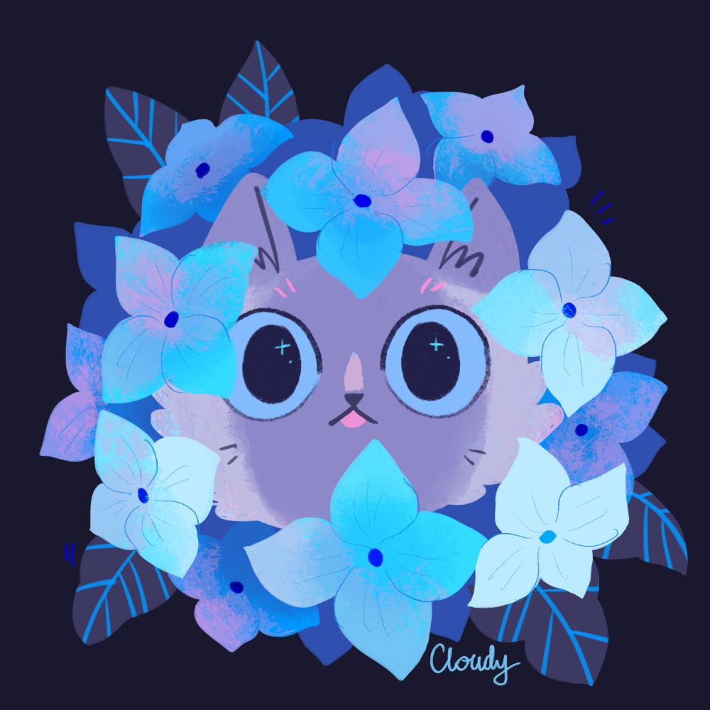 a blepping siamese cat is peeking through the hydrangea flowers