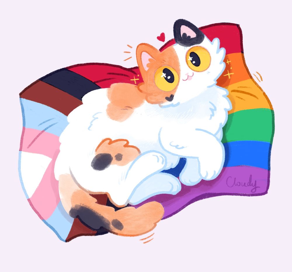a drawing of a calico cat lying on a pride flag