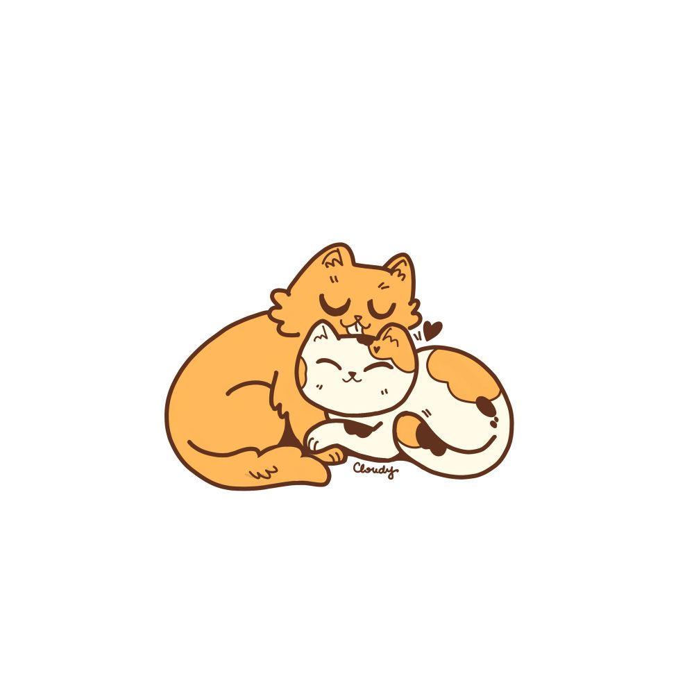 a simple drawing of a fluffy orange cat licking the head of a happy calico cat