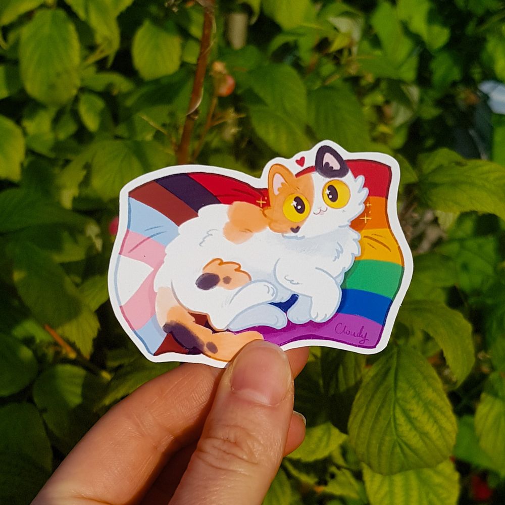 a sticker depicting a fluffy calico cat lying down on a pride flag