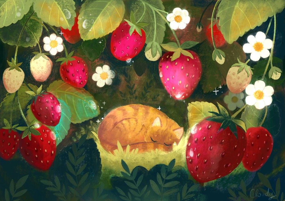 a drawing of a tiny orange cat sleeping under a strawberry plant