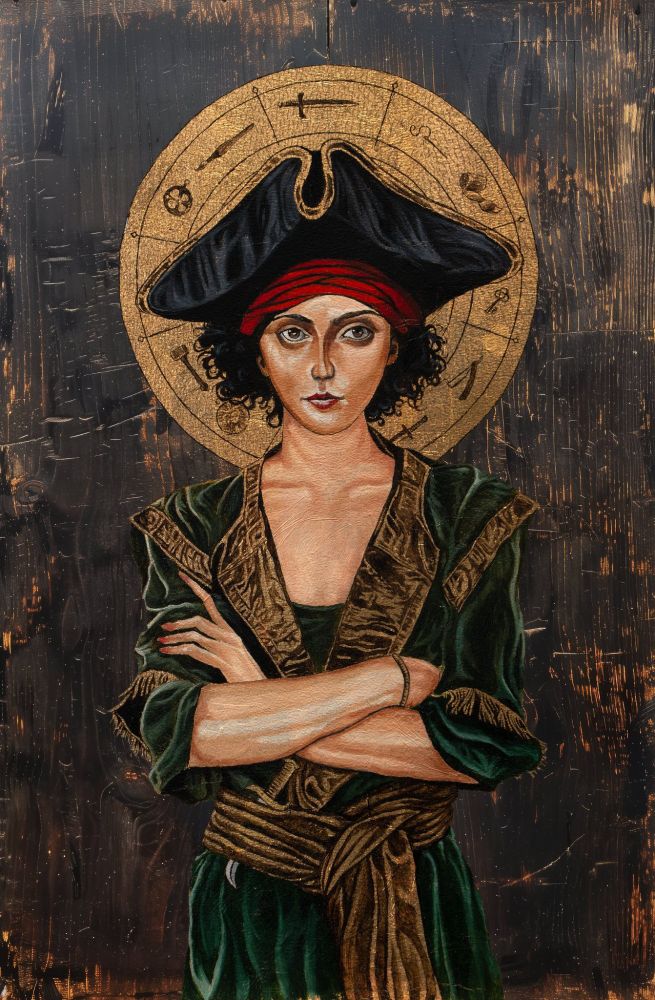 Ilustración de Baptiste al estilo sobre falsa madera. Mujer joven de gesto serio, como si te estuviera juzgando, cruzada de brazos vestida de manera que parece una pirata. O por lo menos el sombrero que lleva lo es. 