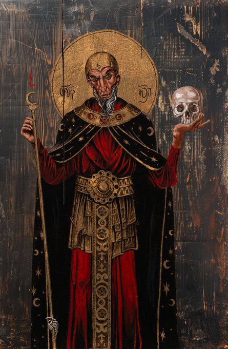 Ilustración de Baltasar Sham Ivam Draxi sobre falsa madera. hombre con barba de chivo vestido con un atuendo de mago completo con cayado con utensilios arcanos en una mano, calavera en la otra, túnica con símbolos estelares… Vamos, lo que corresponde a uno de los tres mejores nigromantes de europa.