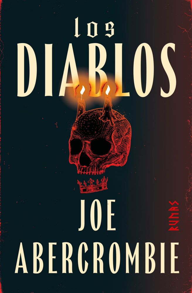 Imagen de primera de cubierta de «Los diablos». Imagen de la cubierta USA, fondo rojizo-negro con una calavera cuya mandíbula es una corona y con cuernos que terminan en velas que queman la parte inferior del título de la obra, que parece hecho con velas de iglesia.