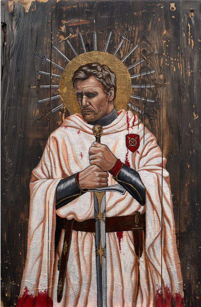 Ilustración de Jakob sobre falsa madera. hombre mayor que sostiene un espadón clavado en el suelo (esperamos, la ilustración no llega tan abajo), vestido con una túnica blanca que recuerda a una orden templaria. 
