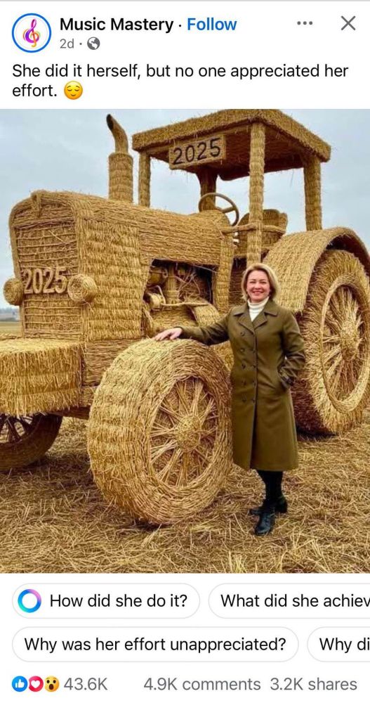 Facebook post about a fake hay tractor 