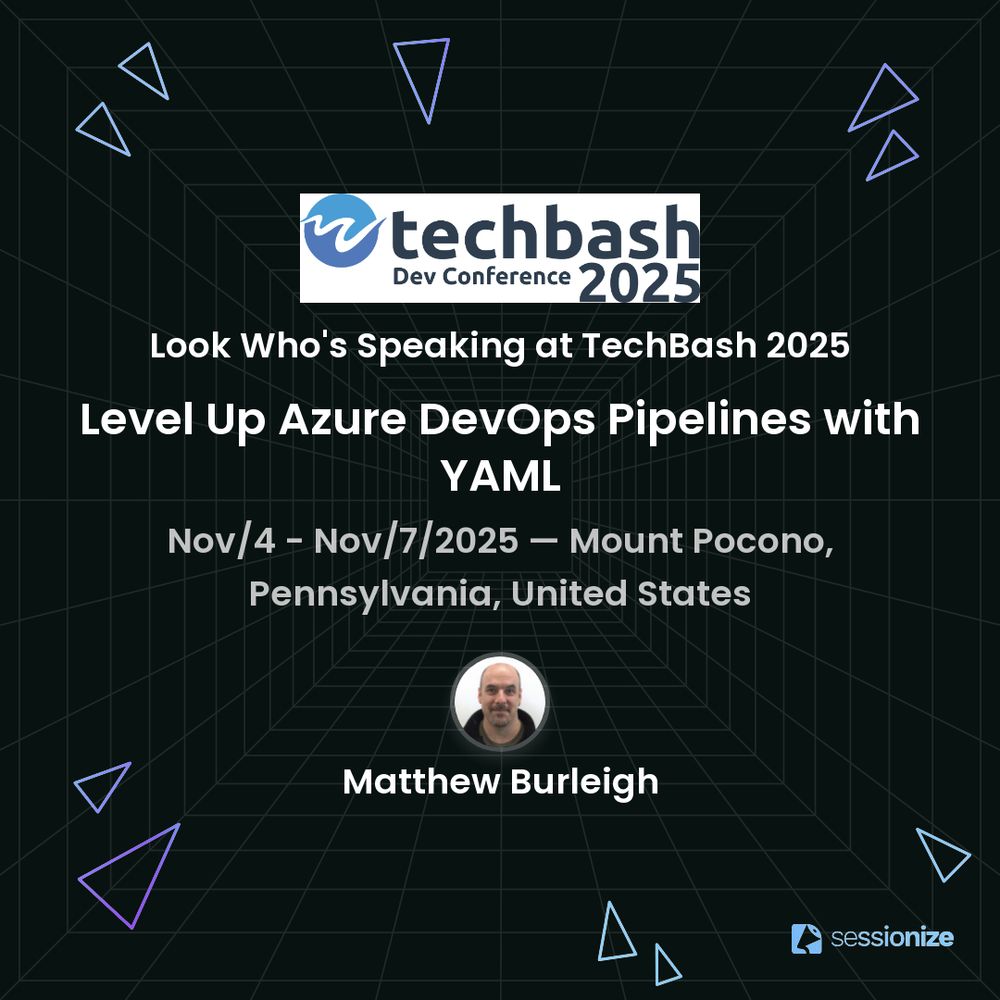 A session card for Matt Burleigh's TechBash 2025 half-day workshop on Azure DevOps Pipelines.