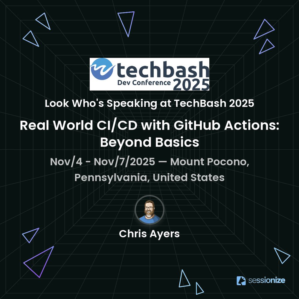 A session card for Chris Ayers' TechBash 2025 half-day workshop on GitHub Actions.