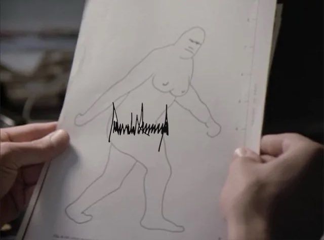 photo of sasquatch with big naturals, with donald trump’s signature superimposed over the groin to “mimicking pubic hair”