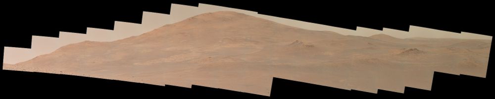 An ochre toned mosaic of 53 images capturing a Martian landscape