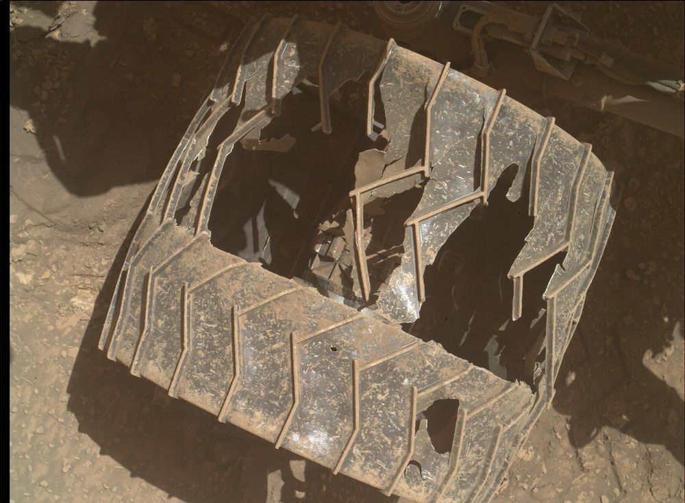 a damaged wheel of the Mars rover Curiosity