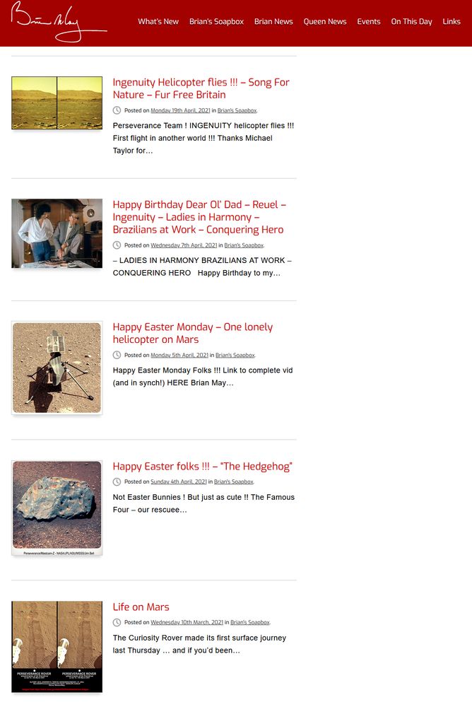 A screenshot of Brian May's webpage listing Mars-related items