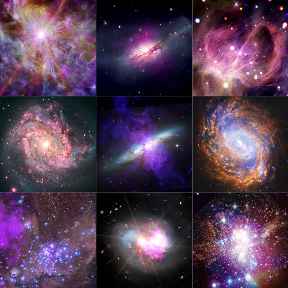 A compilation of 9 composite images. The images are presented in a 3-by-3 grid, and all include pinks and purples as dominant colors.

In the first row, at our upper left, is an image of N79, a giant star forming region in the Large Magellanic Cloud. Here, shafts of golden light bursting out of a central glowing orb cut through misty purple clouds. Beside it, to our right, is an image of a spiral galaxy known as NGC 2146. Shown from the side, the galaxy resembles a streaky, tilted disk of purple cloud with a glowing golden haze at the center. Completing the top row, at the upper right of the three-by-three grid, is an image of IC 348, a star-forming region in our Milky Way galaxy. This other-worldly image resembles a tangle of dark pink hair dotted with dozens of colorful orbs in various sizes.

The first image in the middle row features the M83 spiral galaxy. Here, the disk-shaped galaxy is viewed face-on, with mottled, dusty-rose arms spiraling around a central golden core. To the right, in the center of the grid, is the M82 starburst galaxy. In this image, the tilted, powder blue, disk-shaped galaxy is viewed edge-on. Bursting out of the core in opposite directions, perpendicular to the disk, are giant, hazy purple gas clouds that extend for thousands of light-years. Beside it, at our right edge of the grid, is an image of NGC 1068, a relatively nearby spiral galaxy. This neighbor is viewed face-on, with its tightly packed golden arms and faint purple clouds spiraling around a hazy core. There, million-mile-per-hour winds swirl around a glowing black hole.

In the bottom row, at our lower left, is an image of NGC 346, a cluster of newborn stars. Beside it, to our right, is an image of IC 1623, a system where two galaxies are in the process of merging. And finally, at our lower right hand corner, is Westerlund 1, Earth’s biggest and closest neighboring “super” star cluster. 