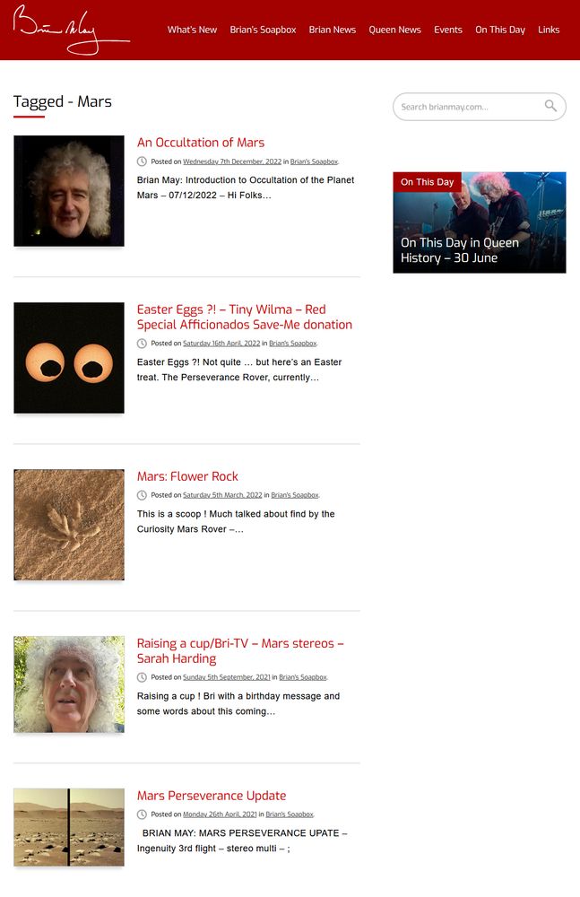 A screenshot of Brian May's webpage listing Mars-related items