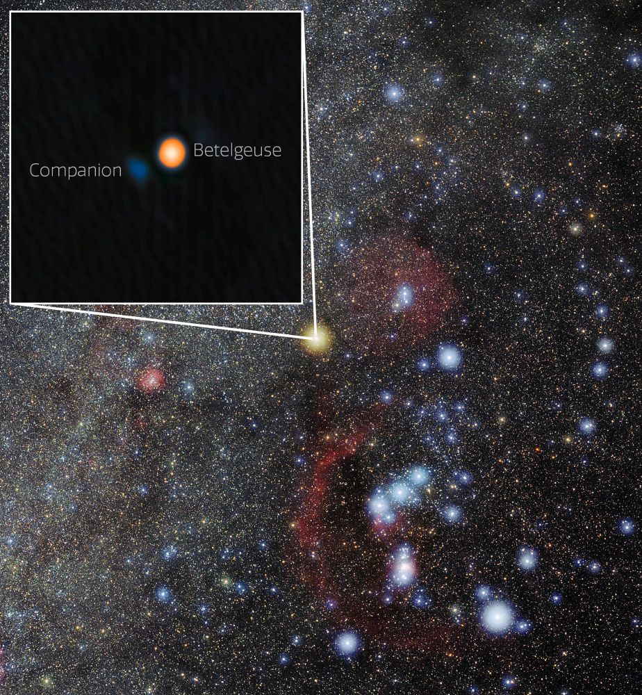 The star field in the Orion Constellation. An inset shows Betelgeuse and Its stellar companion.
