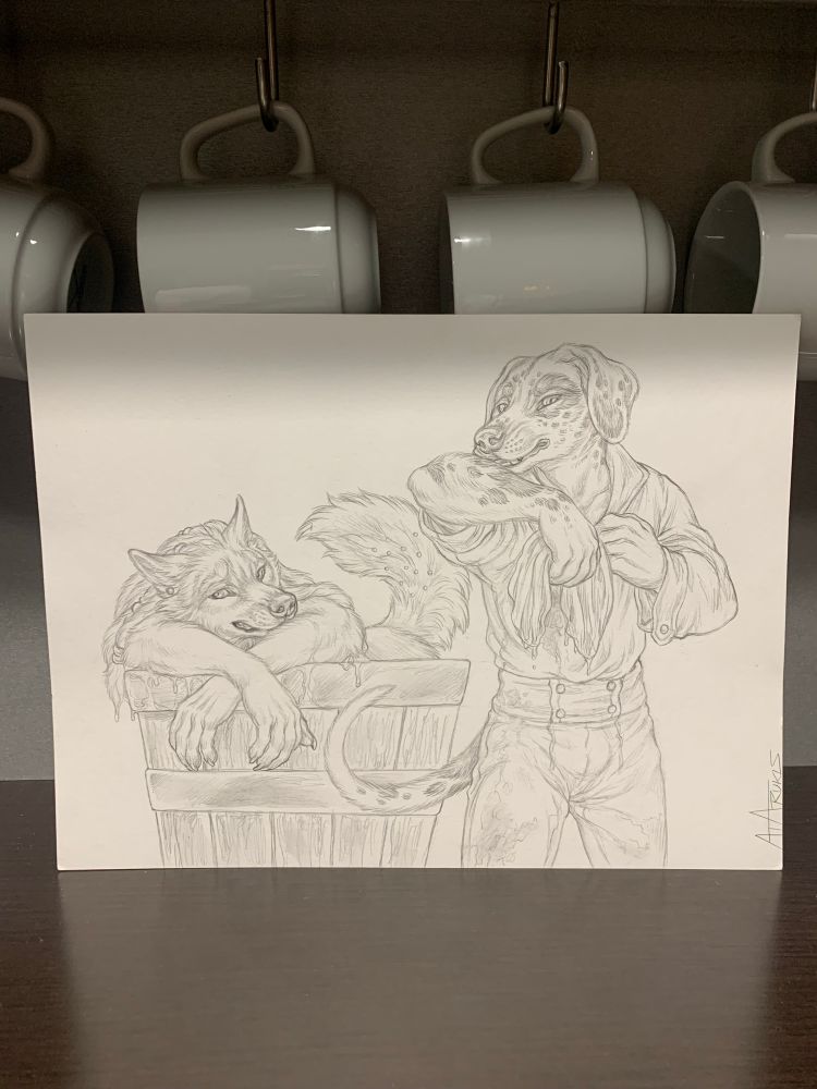 A wolf anthro who has been sprayed by a skunk lounges in a barrel as his canine anthro doctor reacts with disgust to the odor.