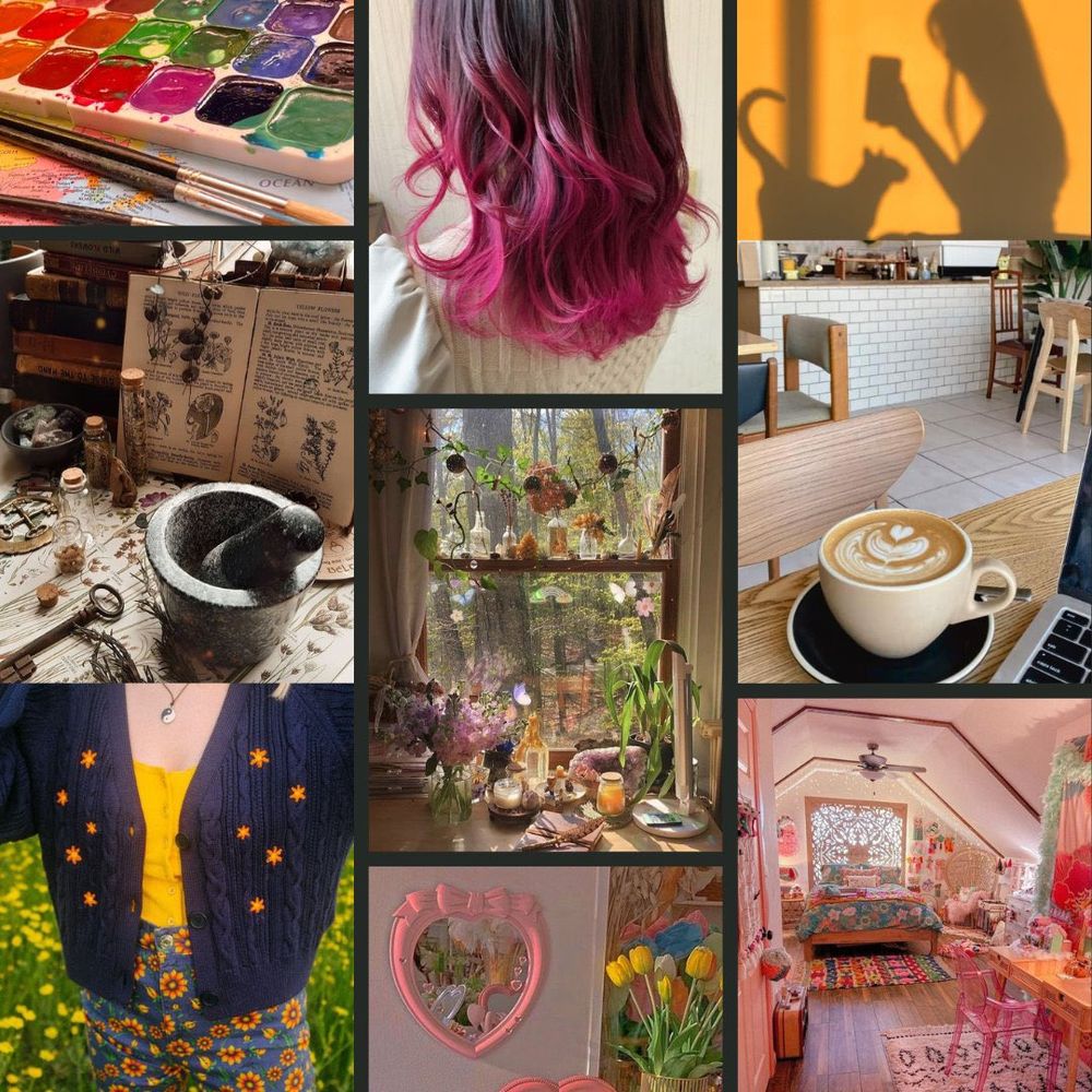 Colorful mood board with the following pictures:
1. A watercolor palette 
2. The back of a girl’s head, she’s wearing white and her hair is dyed ombré black to magenta
3. Shadow of a girl and a cat looking at each other
4. A desk set up with an open spell book, a mortar and pestle, and scattered herbs
5. A desk in front of a window with sun shining through and lots of plants and candles 
6. A latte with heart foam art on a cafe table
7. A white girl from the neck down wearing a navy cardigan with stars and jeans with sunflowers on them
8. A heart shaped mirror
9. A pink themed teen bedroom
