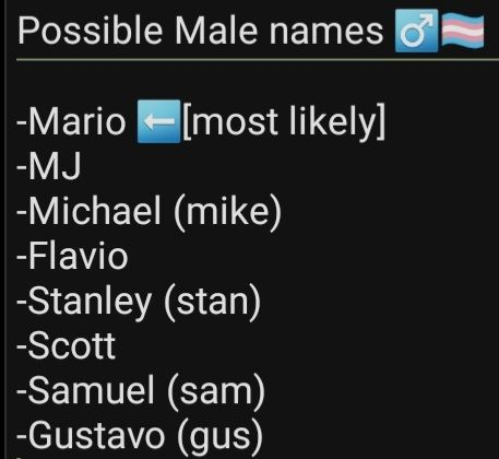 a list of possible names for when I transition to male, including: Mario, MJ, Michael, Flavio, Stanley, Scott, Samuel and Gustavo