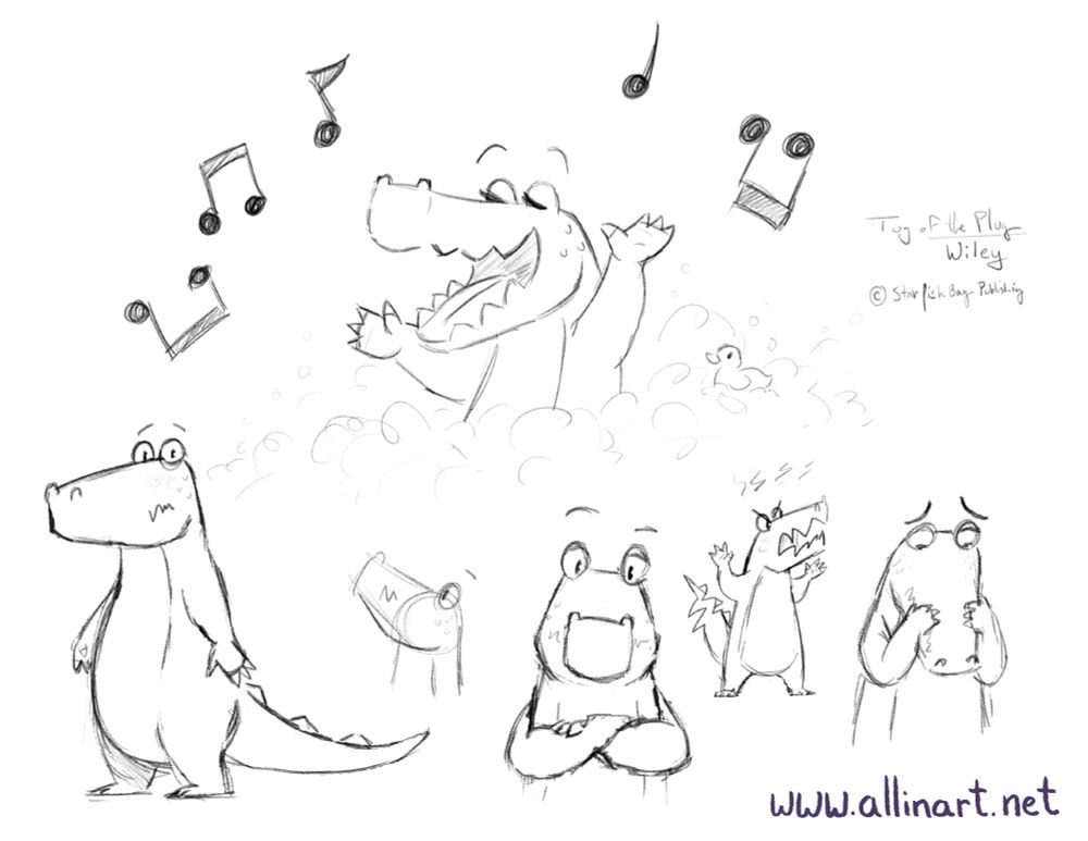 Sketches of a crocodile named Wiley singing in the tub, looking anxious and having a tantrum, from the book Tug of the Plug by Starfishbay Publishing.