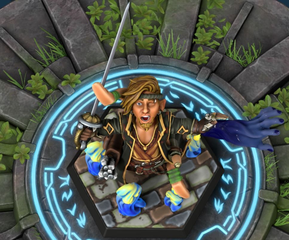 A Hero Forge character design of a halfling Arcane Trickster Rogue, with a rapier in one hand, a mage hand spell cast from the other, and colourful smoke at his base. The angle is taken from above, with the character looking up, winking.