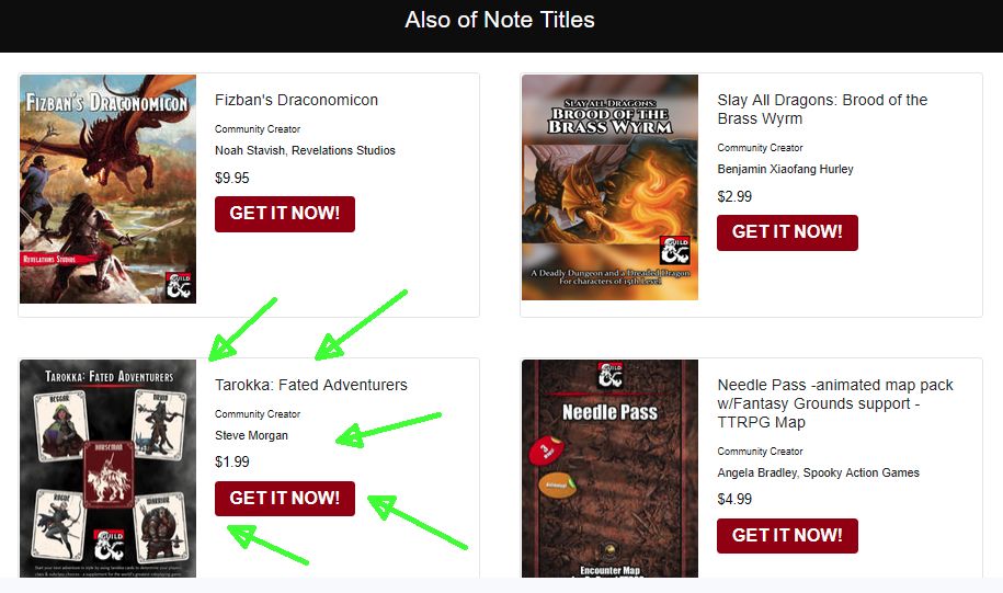 Tarokka: Fated Adventurers in the DMsGuild Weekly Newsletter alongside three other community creator titles, under the "Also of Note Titles" section.