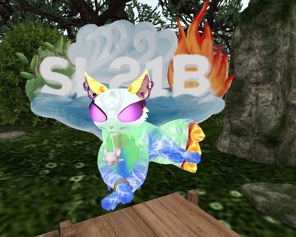 Very colourful cat type avatar in front of an SL21B sign