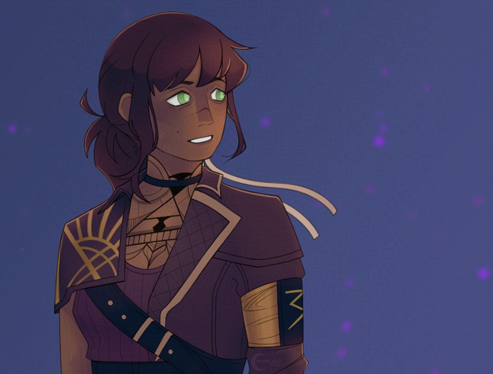 A digital drawing of Sciel from Clair Obscur: Expedition 33. It's a screenshot redraw in which her body tilts toward the left of the screen but her head is twisted to look off to the right hand side of the screen as wind tousles her hair and ribbon. The lighting is warm with a purple undertone to the entire image.