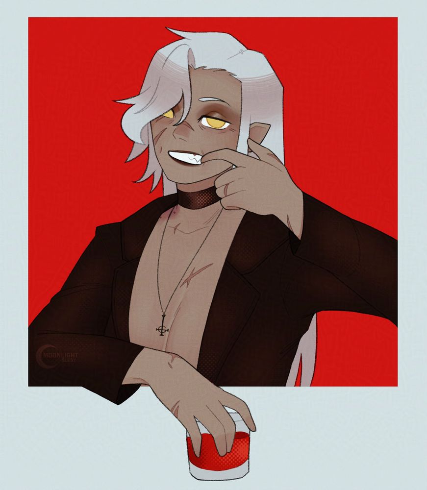 A polaroid-style portrait of a white haired, yellow eyed woman with several scars. She is wearing a black blazer and a Ghost-themed pendant. She's holding a glass of red liquid in one hand while using the other to pull back her lips to show off sharp teeth while staring at the viewer.
