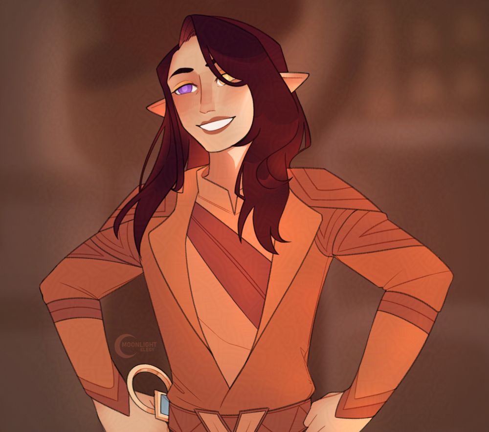 A digital drawing of an elf Rook from Dragon Age: The Veilguard. She has long reddish-brown hair, purple/yellow heterochromatic eyes, and is wearing the casual Veil Jumper suit. Her hands are on her hips as she looks off to the left of the viewer with a big grin.