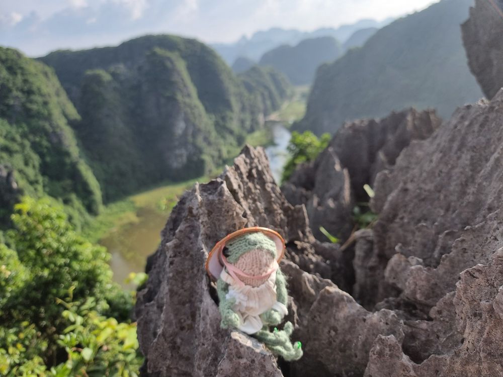 Fleur, a crochet froggy familiar in a dress wearing a conical hat, perched on jagged rock with a overlooking view of a valley river on top of Hang Múa Dragon's cave in fair weather 