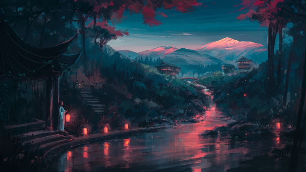 Digital painting landscape scenic, a bit dark, mountainside background with river as foreground, with asian local buildings and a person holding a lantern.