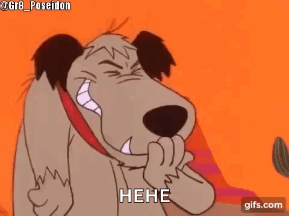 a cartoon dog with a red collar is laughing and covering his mouth with his hand .