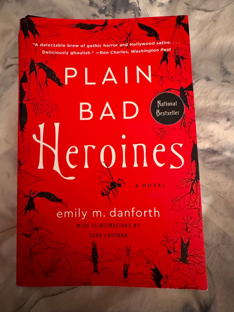 The cover of a book called Plain Bad Heroines, by emily m. danforth. It’s a red book with line drawings of flowers in black and the lettering is all white. 