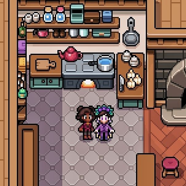 Image of Reina and techno in the inn in the game Fields of Mistria 