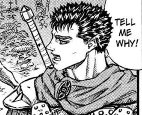 Guts from the manga Berserk. Speech bubble reads "Tell me why!"