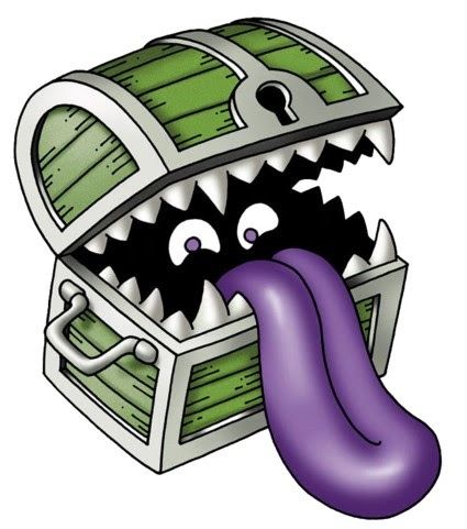 A treasure chest that has teeth, eyes, and a tongue, otherwise known as a mimic—a creature that tricks you into opening a treasure chest, only to eat you 