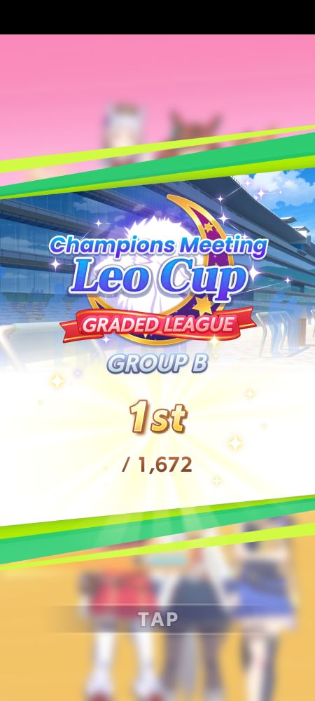 Screen shot from Umamusume showing a 1st place finish in group B of the Leo Cup.