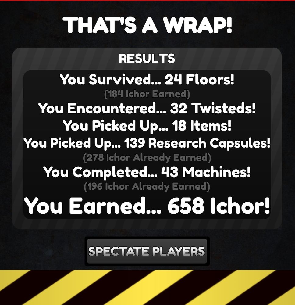 a screenshot of the end of a dandy's world game. Survived 24 floors, earned 658 Ichor.
